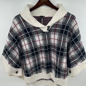 Talbots Plaid Poncho Sweater Small Ivory Black Red Shawl Collar Knit Cape Cozy
